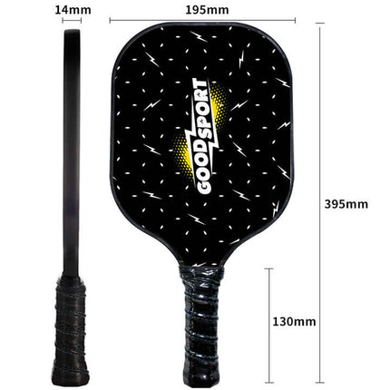 Black pickleball paddle with GoodSport branding and measurements on a white background I Precision Pickle Australia