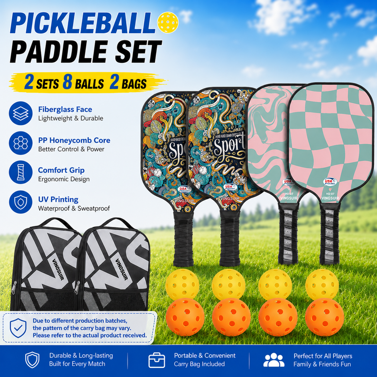 Pickleball Paddle Set – 4 Fiberglass Paddles, 8 Balls & 2 Carry Bags